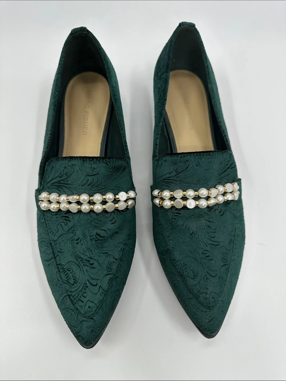 Marc Fisher Kneel Loafers Emerald Green Pearl-Trim Pointed Toe Flats Maximalist